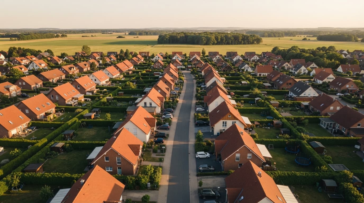 Luftbild eines Wohnquartiers, die Grundstücke liegen im Raster, am Horizont beginnen die Felder